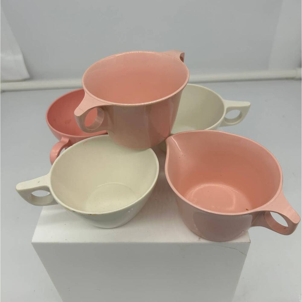 Vintage Boonton Ware Melmac Melamine Pink Coffee Cups White texas ware set of 5